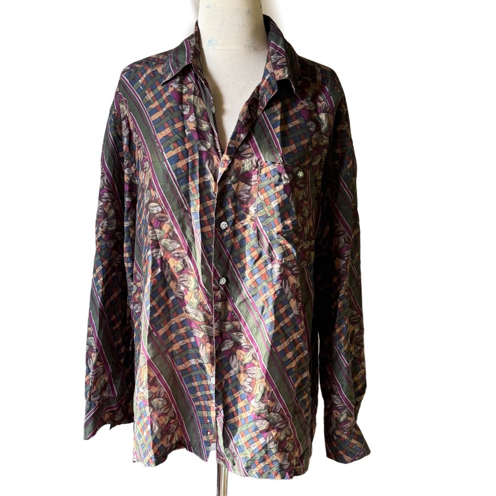 Vintage JT Beckett multicolor 100% silk Geometric Casual Button Down Shirt Sz M